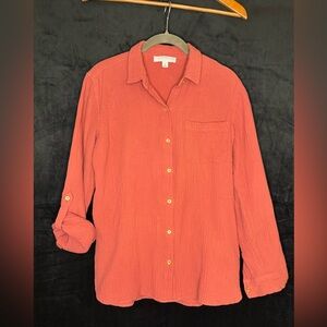 Anne Klein Coral Crinkle Button-Up 100% cotton Shirt